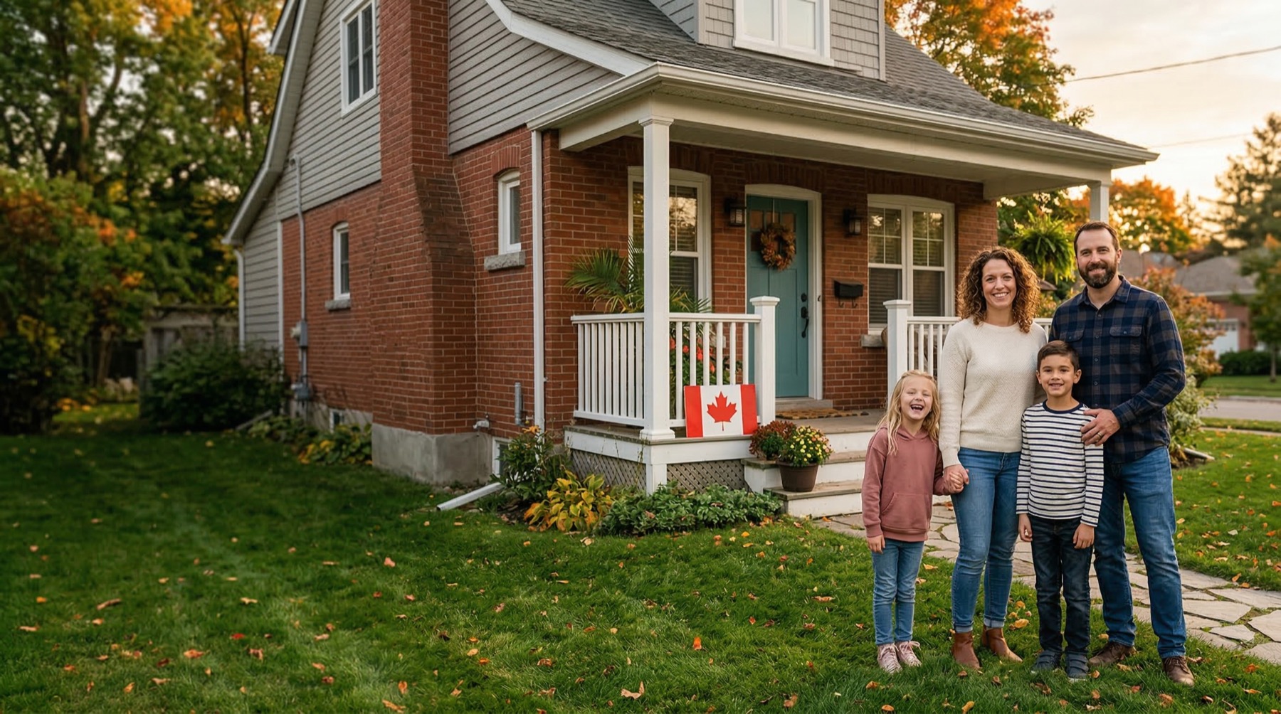 Happy family in front of their modern Canadian home